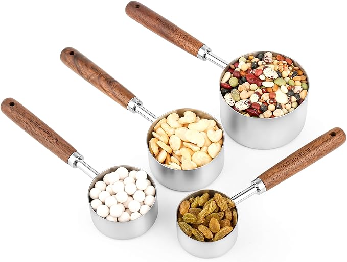 Measuring Cups and Spoons Set 8, 18/8 Stainless Steel Measuring Cups and Spoons Set for Baking and Kitchen, Metric & US Metal Measure Cup & Spoon with Wood Handle for Dry & Liquid