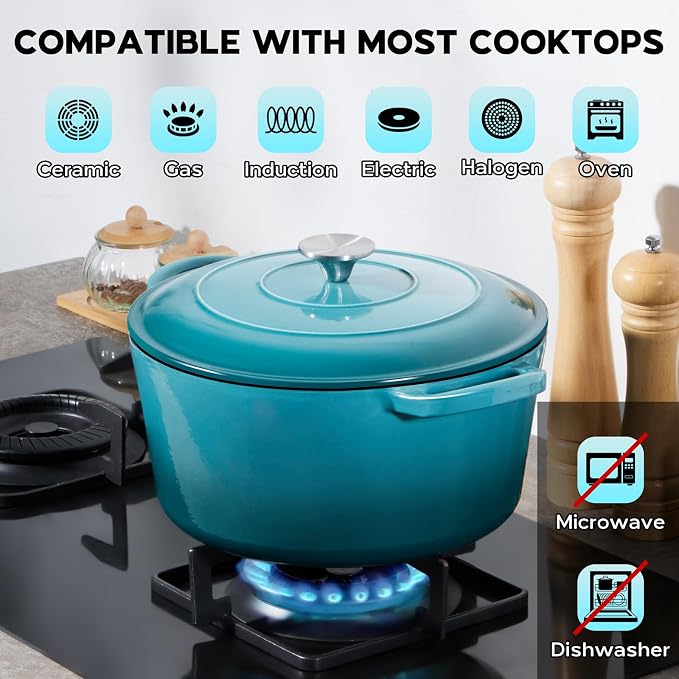 Onader 5QT Dutch Oven for Bread Baking, Enameled Cast Iron Round Dutch Oven Pot with Lid, Heavy Duty - Dark Cyan