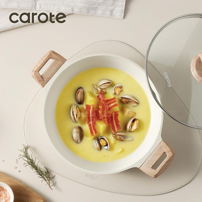 CAROTE Nonstick Stock Pot with Lid,4 Quart Shallow Soup Pot | Kitchen Casserole Compatible with All Stoves, Non Stick Cooking Pot, Cookware for Boiling, Simmer PFOA Free, White Granite