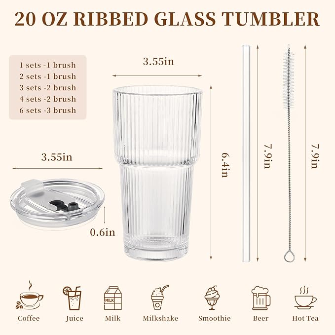 Drinking Glasses with Lids and Glass Straw 4pcs Set,20oz Glass Tumbler Cups,Water Glasses,Iced Coffee Glasses,iced Tea Glasses,Beer Glasses,Ideal for Whiskey,2 Brushes