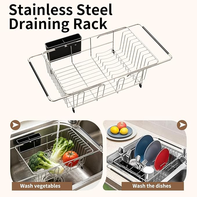 Expandable Over Sink Dish Drying Rack, Rustproof Stainless Steel Dish Drainer with Cutlery Utensil Holder, Quick Drainage Space Saving Kitchen Storage Organizer for Small Apartments RV