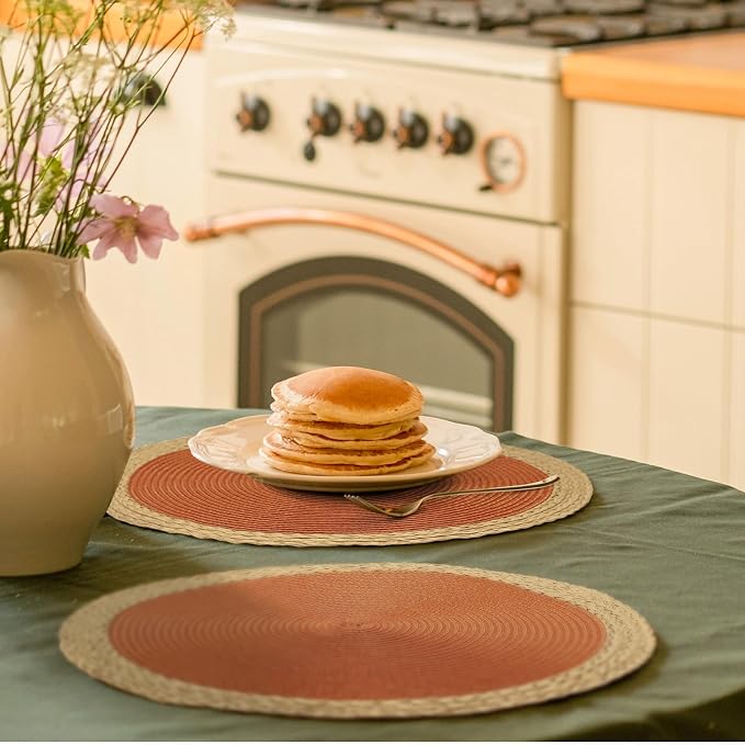 Noctiflorous Braided Round Placemats Set of 6, 15 Inch Woven Table Mats, Non-Slip Washable Wide Edge Place Mats for Kitchen Dining Table Decor (Dark Orange, 6)