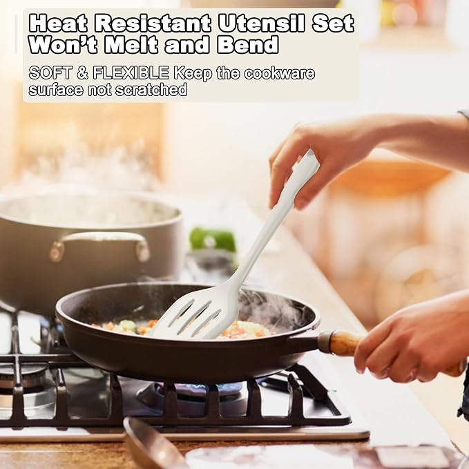E-far 10 Pieces Silicone Cooking Utensils Set, Heat Resistant, White | Kitchen Utensil Set for Nonstick Cookware, Cooking Tools with Spatula, Spoon, Slotted Turner, Non-Toxic & Dishwasher Safe
