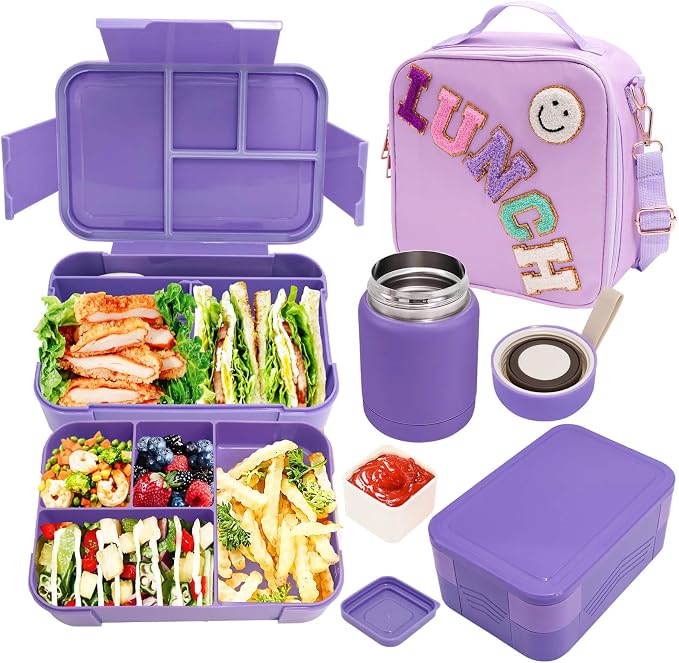 Preppy Lunch Box for Girls with 10oz Thermo, with 6 Compartment Bento Box, Purple Nylon Insulated Lunch Bag Adjustable Strap for Girl Kids Teens School Travel Picnic | Nylon Insulated Lunch Bag with Adjustable Strap, Ideal for Kids Teens School, Travel...