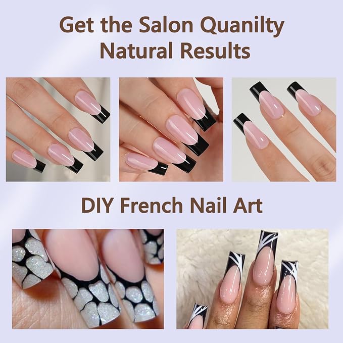 Misssix 240Pcs French Tip Press on Nail Long Square Gel Fake Nails Pink | Black French Nail Tips No Need to File 3 in 1 Pre-lasting for Nail Art DIY 15 Sizes
