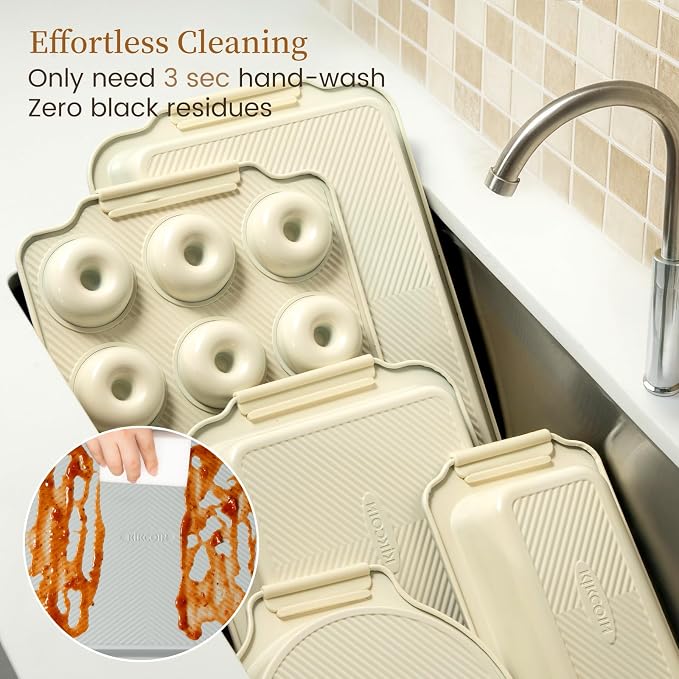 Kikcoin 25-Piece Nonstick Baking Pans Set with Large Turkey Roasting Pan, Stackable Bakeware Set, 450°F Oven Safe Baking Sheet Set with Silicone Handles, Carbon Steel Cookie Sheets for Baking, Cream