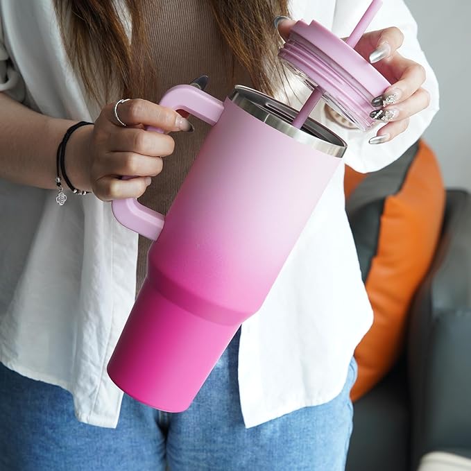 Konokyo 40 oz Insulated Tumbler Water Bottle with Handle, Straw Lid | BPA-free and dishwasher safe; made for gym, travel, coffee and gifting, 2 straws, cup holder friendly,Cherry Blossoms
