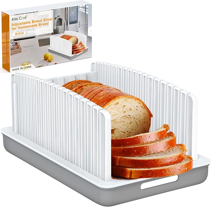 Kiss Core Adjustable Width and Thickness Bread Slicer for Homemade Bread | Bread Slicer Guide Foldable and Compact Cutting Guide with Crumb Tray Suitability for Homemade Bread Bagels Cakes