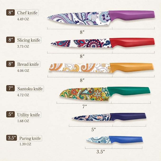 Astercook Paisley Pattern Knife Set with Cover | Dishwasher Safe, 6 Knife Sheath, German Stainless Steel, Rainbow Colorful Design