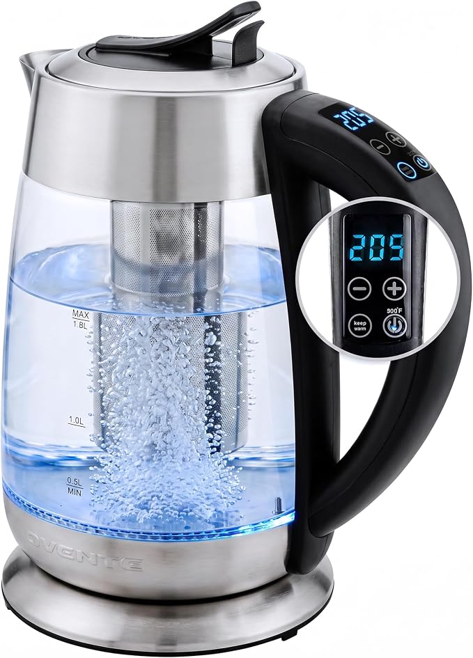 OVENTE 1.8L Glass Electric Kettle with Tea Infuser, Silver KG6610S | 1500W Fast Boiling, Easy Fill Lid, 6 Temperature Control, Keep Warm, Digital Display, BPA-Free, Auto Shut-Off, 360° Base