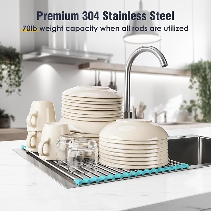 Tomorotec Roll Up Dish Drying Rack Over Sink, 304 Steel, 17.7x12.5, Green | Anti-Slip Silicone Rims For Grip, Heat-Resistant Trivet Mat Holding Heavy Cookware, Rustproof Kitchen Counter Space Saver