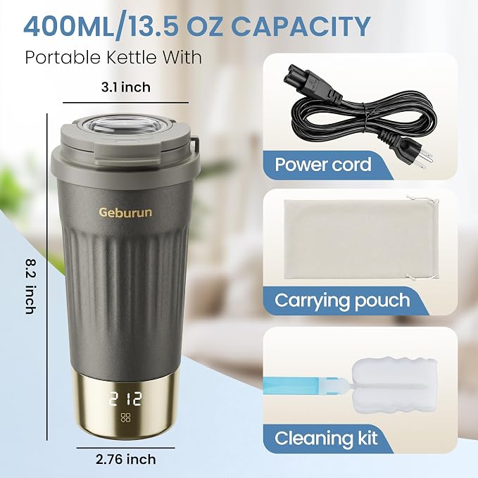 Travel Electric Kettle Portable Water Boiler, 400ml Small Tea Maker with 6 Temp Settings LCD Display, 316 Stainless Steel Vacuum Insulated Tumbler, 100V-240V, Travel Gifts for Men Women(Titanium Gray)