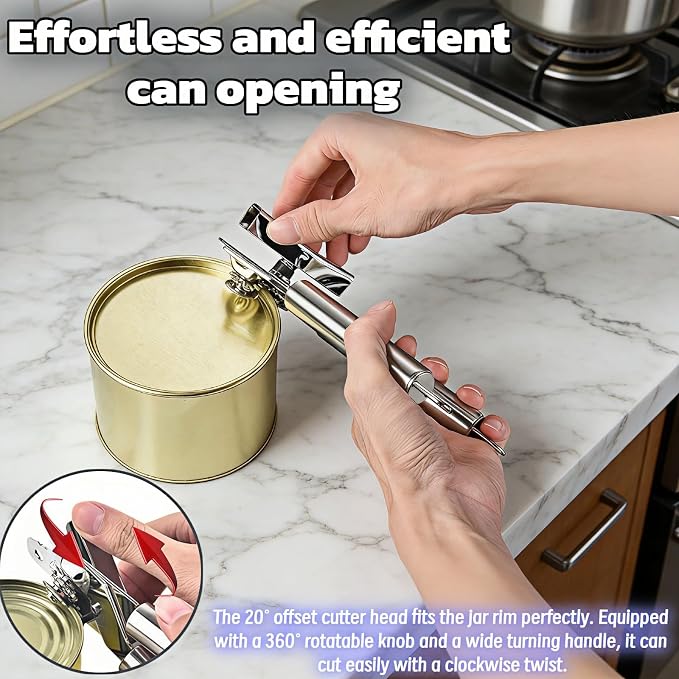Stainless Steel Manual Can Opener, 3-in-1 Multifunctional, High-Carbon Steel Cutting Wheel, Ergonomic Handle, 7.28 Inch, for Food Cans and Bottles
