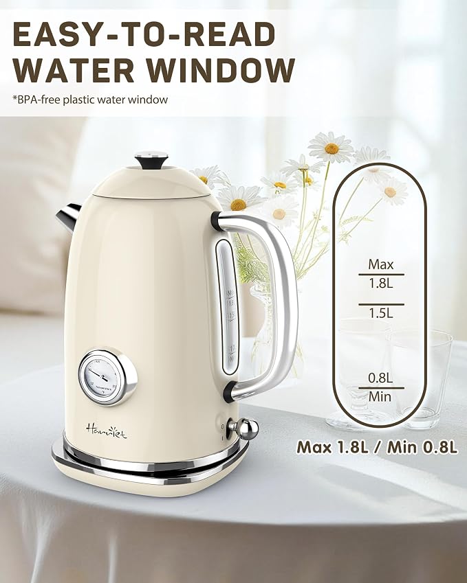 Harriet 61oz Electric Kettle with Thermometer, Retro Hot Water Boiler | 1500W Hot Water Kettle, Electric Tea Kettle for Boiling Water, LED Indicator, Auto Shut-Off & Boil Dry Protection