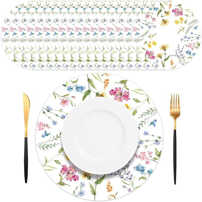 50 PCS Disposable Floral Paper Placemats Watercolor Wildflower Round Placemat Summer Table Mats for Wedding Anniversary Bride Party Supplies
