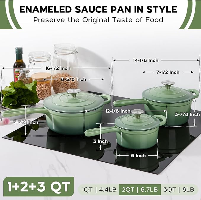 Onader 1QT & 2QT & 3QT Saucepan with Lid, Enameled Cast Iron Sauce Pan, Small Cast Iron Pot for Cooking, Enameled Dutch Oven, Nonstick & Heavy Duty – Pistachio Green