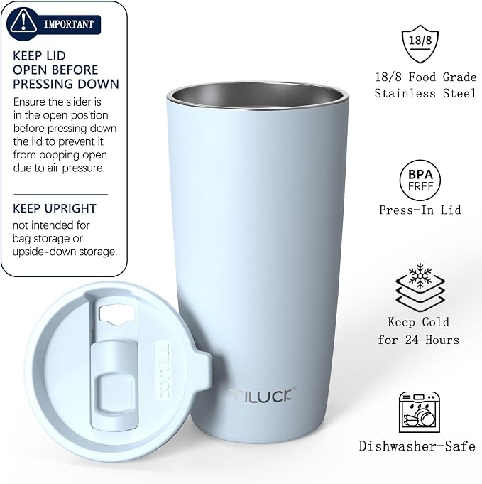 TILUCK 20 oz Insulated Coffee Tumbler with BPA-Free Lid | Travel Coffee Mug, Dishwasher Safe, Cup Holder Friendly, Double-Wall Vacuum Insulation for Hot & Cold Drinks,MatteLightBlue