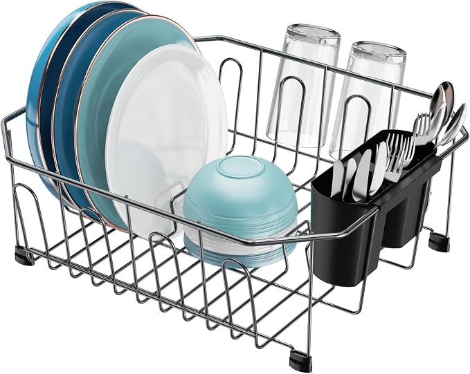 Small in Sink Dish Drying Rack - Stainless Steel for RV Kitchen | Compact Design, Rust-Resistant, Angled Corners Fit Square & Round Sinks, Removable Utensil Holder, Cup Hooks, 13.1"W x 14.4"L