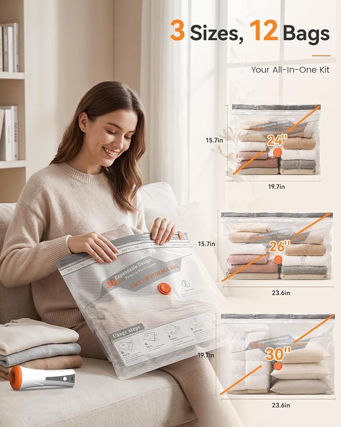 Vacuum Seal Bags for Clothing Travel & Home, Space Saver Bags with Rechargeable Cordless Air Pump, Compression Packing Bags for Packing, Luggage and Seasonal Storage (12 Combo Set)