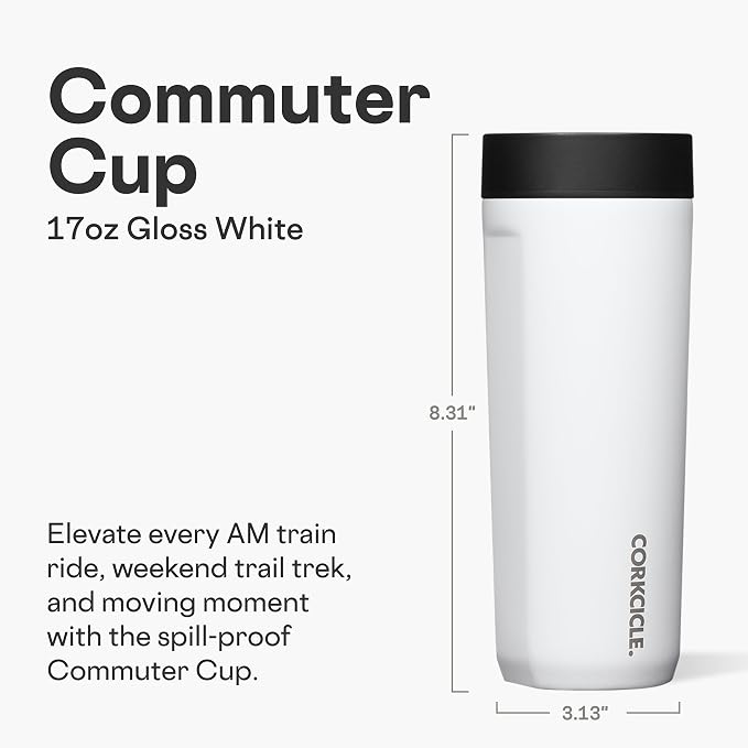 Corkcicle Commuter Cup Travel Mug - Insulated Coffee Mug with Lid - Keeps Drinks Cold 18 Hours - 360° Spill-Proof Sip Lid - Holiday Gift - Great for Gifting Warmth - 17 oz - Gloss White