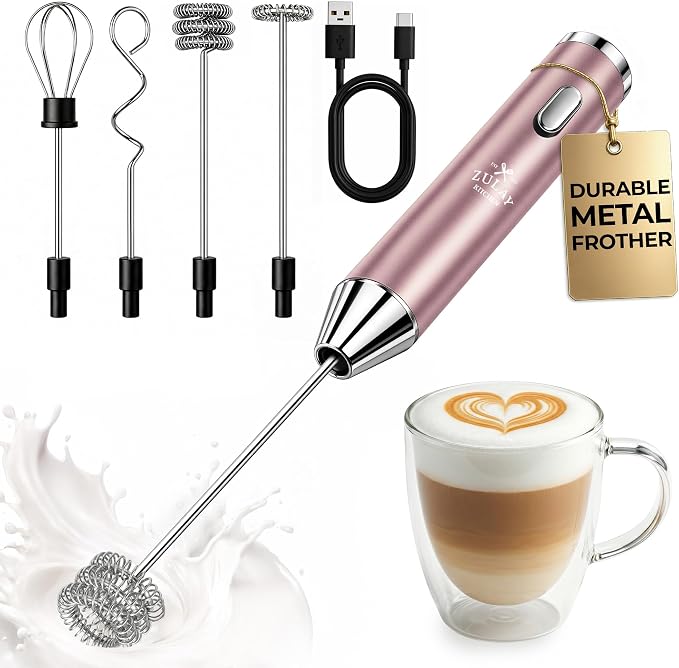 Zulay Kitchen Rechargeable Milk Frother Handheld - Frother Wand, Drink Mixer, Electric Whisk Frother, for Cappuccinos, Matcha & Protein Powder - Ultra Metal 4 Whisk, 1800mAh Pink