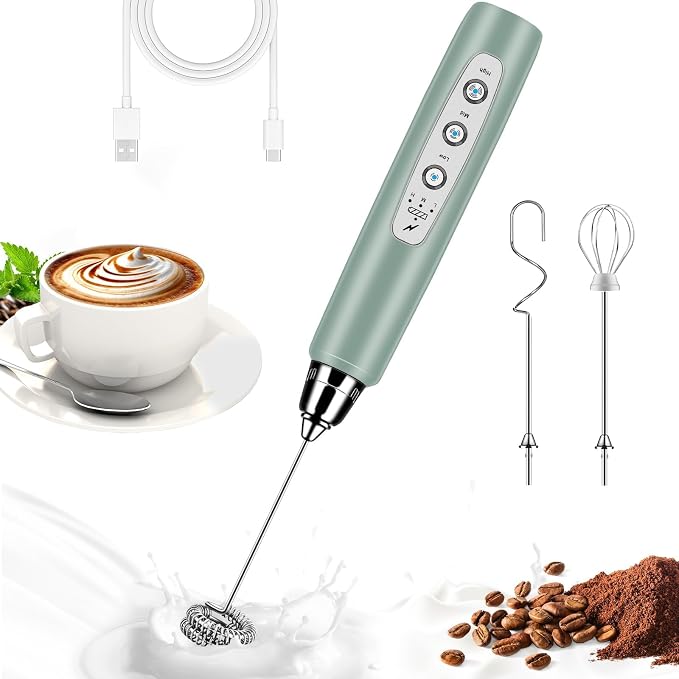 Milk Frother Wand Rechargeable Handheld Whisk Coffee 3 Speed Adjustable | Electric Whisk Drink Mixer with Stainless 3 Whisks Hand Frother , Foam Maker for Latte Cappuccino Matcha Egg Silver