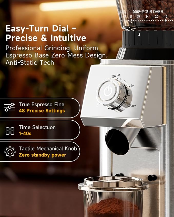 IAGREEA Coffee Grinder for Home Use, Conical Burr Espresso Grinder 48 Grind | 450RPM Low-Speed Anti-Static, Precision Timer For Drip, French Press, Cold Brew, No Mess, Metallic Silver