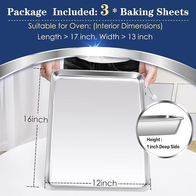 P&P CHEF Baking Sheet Pan, Stainless Steel Cookie Sheet, 16 Inch & 3 Pcs | Oven Tray Sheet Pan for Baking & Serving, Baking Tray for Multi Uses, Heavy Duty & Non-toxic, Rust Free & Dishwasher Safe
