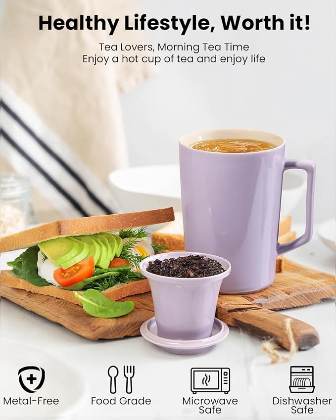 15 OZ Ceramic Tea Cup with Infuser and Lid,Tea Mug with All-Porcelain Strainer for Loose Leaf Teas,Microwave and Dishwasher Safe,Metal-Free,BPA-Free for Tea-Lovers,Birthday (Purple)