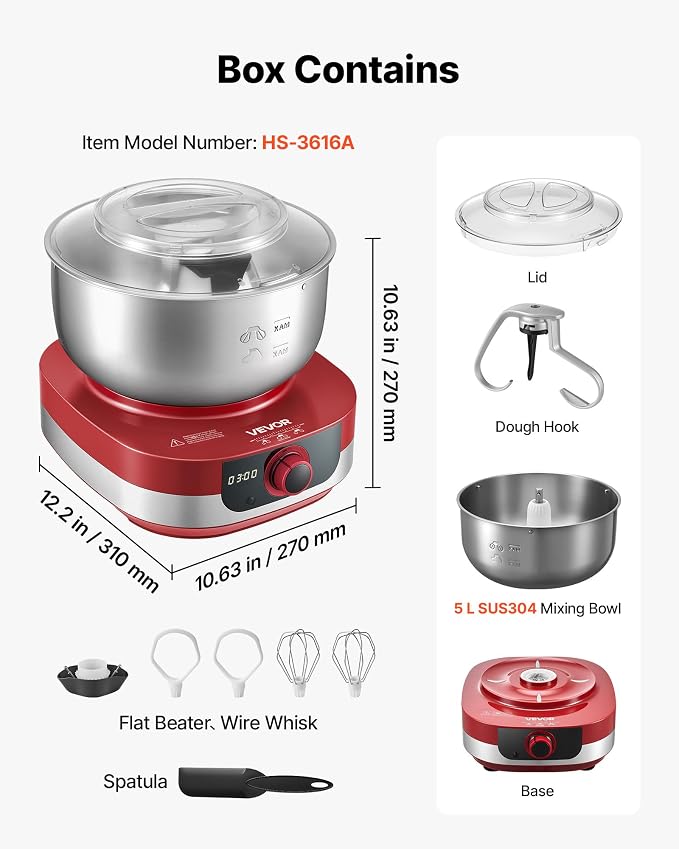 VEVOR 5.3 Qt Electric Dough Maker 500W Stand Mixer Removable Lid, Stepless Speed Adjustment Food Kitchen Mixer with Stainless Steel Bowl, Dough Hook, Whisk, Beater, for Pizza Bread Pasta Mochi