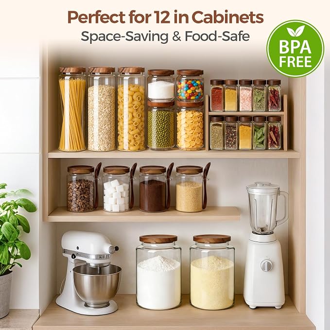 ComSaf Glass Pantry Storage Container with Acacia Wood Lids 1.1/0.5Qt 6Pack | Food Canister for Cooks, Oats Coffee Sugar Nuts Snacks Tea Candy, Pantry Kitchen Living Room, Stacked Design, Jar with Labels