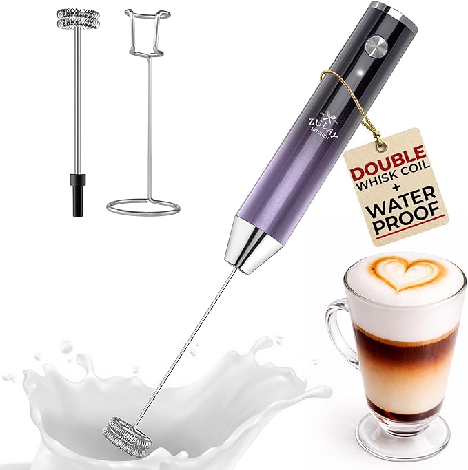 Zulay Kitchen Rechargeable Milk Frother Handheld - Frother Wand, Drink Mixer, Electric Whisk Frother, for Cappuccinos, Matcha & Protein Powder - Lux Double Whisk 2 Speed Waterproof 2000mAh Purple
