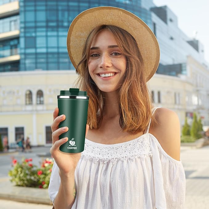 Insulated Travel Coffee Mug Reusable Coffee Tumbler Cup with Flip Lid Leak Proof Spill Proof for Office School Party Camping Hot and Cold Drink,Stainless Steel 17oz (Dark Green)