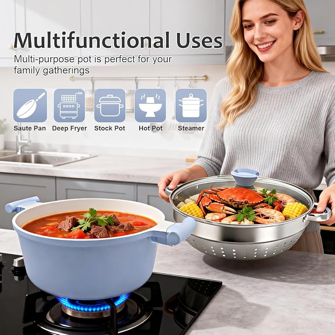 AIKENBBKK Ceramic Steamer Pot for Cooking, 7 QT Large Steaming Pot with Lid, Nonstick Cooking Pot with Steamer Basket, Big Steamer Cookware for Vegetable, Food, Dumplings, Induction Compatible, Blue