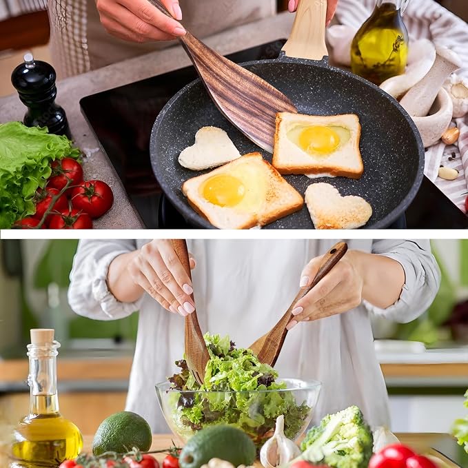 Wooden Spoons for Cooking 9 Pieces Set, TeakWooden Kitchen Utensil Set, Wooden Cooking Utensils Spoons, Spatulas, Heat-Resistant, Lightweight & Durable, Perfect for Non-Stick Cookware