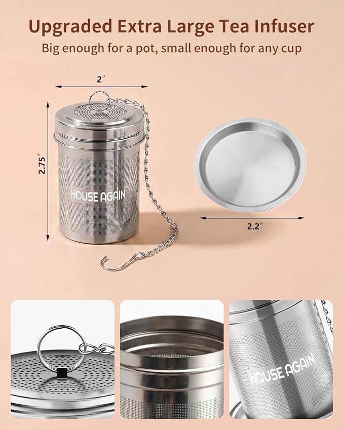 HOUSE AGAIN Large Tea Infuser, Extra Fine Mesh Tea Strainers for Loose Tea, 18/8 Stainless Steel Tea Strainer with Extended Chain Hook, Tea Steeper for Brew Tea, Spices & Seasonings for Multi Cups
