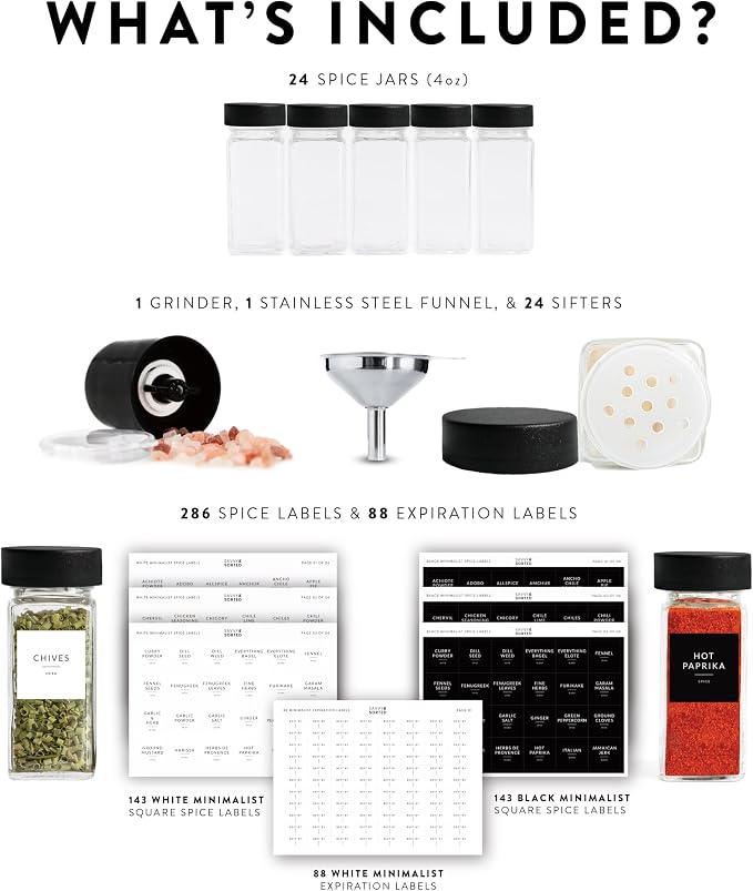 SAVVY & SORTED Glass Spice Jars with Label 24 PK - 4 Oz Spice Containers with 374 Minimalist Preprinted Labels Stickers, Pepper Grinder Funnel Shaker Lids, Empty Seasoning Containers Bottles