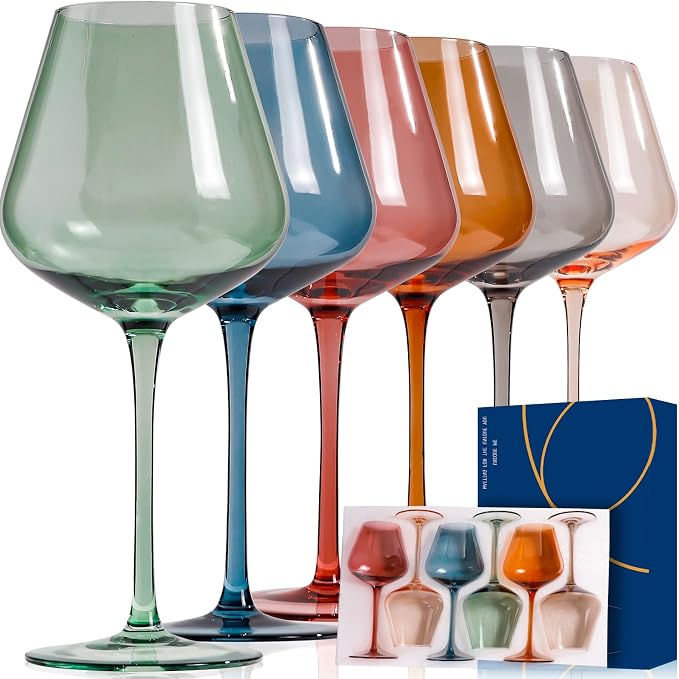 Colored Wine Glass Set of 6-18oz Lead-Free Crystal Burgundy Wine Glasses, Glassware for Parties& Special Occasions