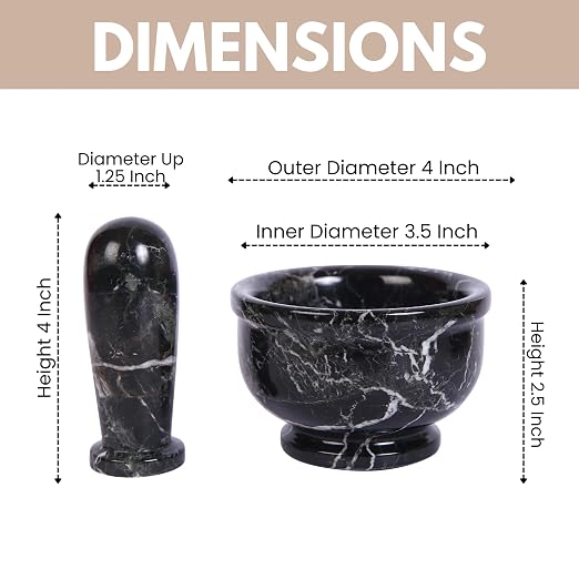 Hand Grinder Marble Mortar & Pestle Set – 4 Inch Black Kitchen Tool Set for Guacamole, Herbs, Spices, Pill Crushing, Fine Powder Grinding & Coffee – Premium Stone Mortar (Large)