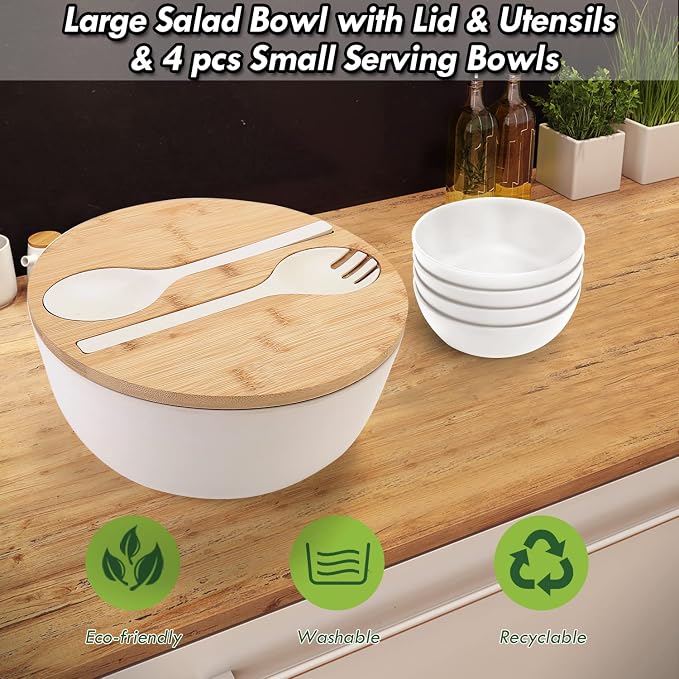 ShineMe Salad Bowl Set, 9.8inches Large Salad Bowl with Lid, Bamboo Salad Serving Bowl with 4pack Small Snack Bowls and Servers(Fork & Spoon) for Mixing Salad, Vegetables and Pasta(White)