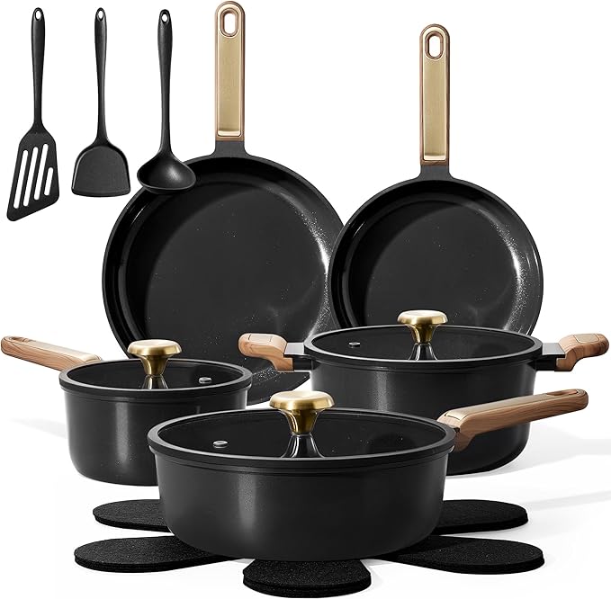 CAROTE Ceramic Cookware Sets, Pots and Pans Set, 16pcs | Non-Toxic Induction Cooking Set with Silicone Lids, Dishwasher Safe, Space Saving, Stay-Cool Handle, PFAS FREE