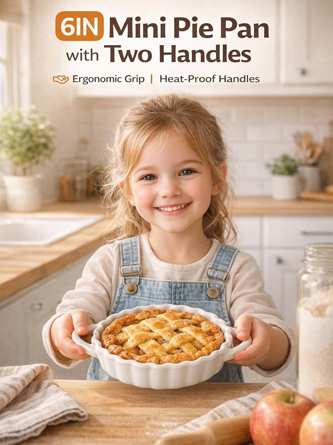 6in Ceramic Mini Pie Pan Set of 6 with Handles for Pie Quiche Tart. Easy to grip, Lead-Free. 10 oz Ramekins Dish for Creme Brulee, Soufflés; Gifts for Baking Enthusiast. Oven Dishwasher Safe