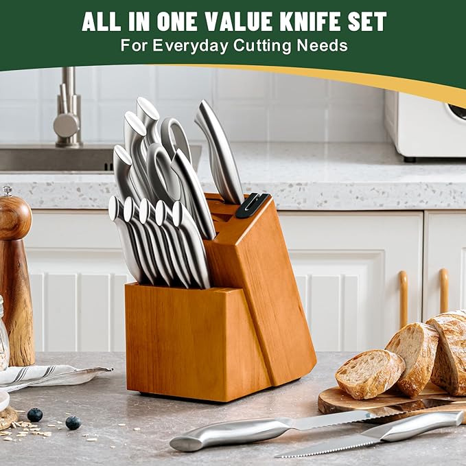 Knife Set, EWFEN 14-Piece Kitchen Knife Set with Block, German Stainless Steel Knives with Built-in Knife Sharpener, Anti-Slip Sharp Knives Set for Kitchen, Dishwasher Safe, Curved Handle