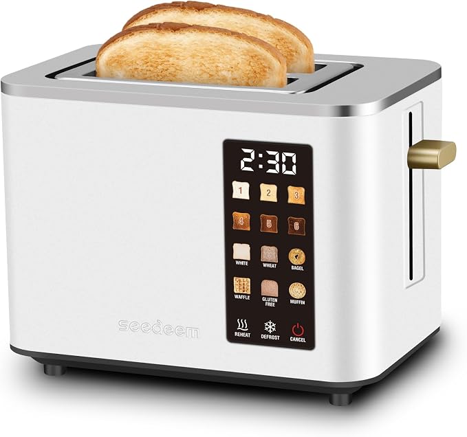 SEEDEEM 2 Slice Toaster with Full Touch Screen, Stainless Steel, 6 Bread Types & 6 Shade Settings, Countdown Display, Removable Crumb Tray, 900W, White