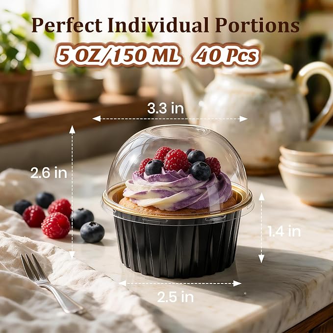 40 Pack Mini Cake Pans with Lids, 5 OZ Round Aluminum Foil Cupcake | Disposable Ramekins Muffin Tin, Cupcake Baking Cups with Lids, Mini Cake Containers Flan Molds for Wedding Birthday Party