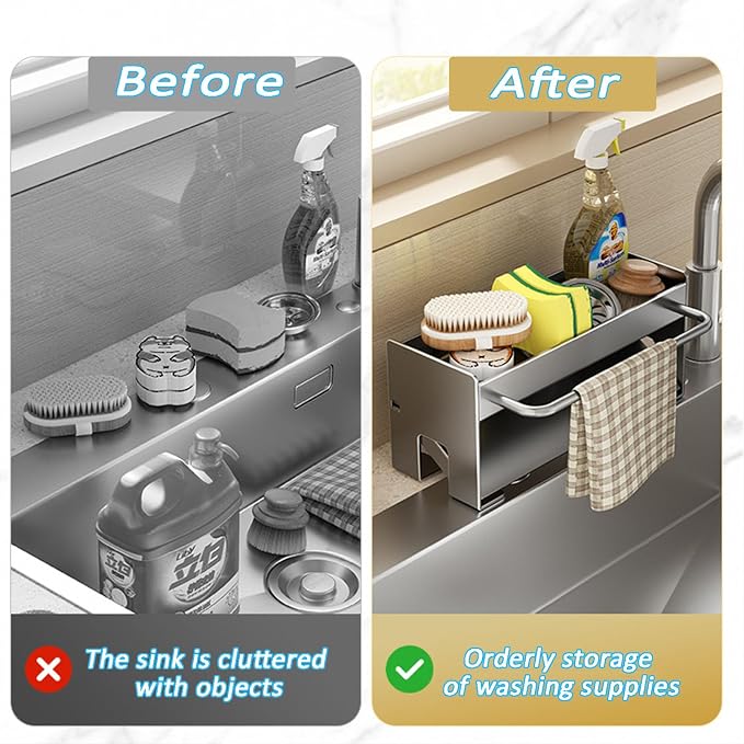Kitchen Sink Caddy Organizer,Sponge Holder for Kitchen Sink with Drain Board,Stainless Steel