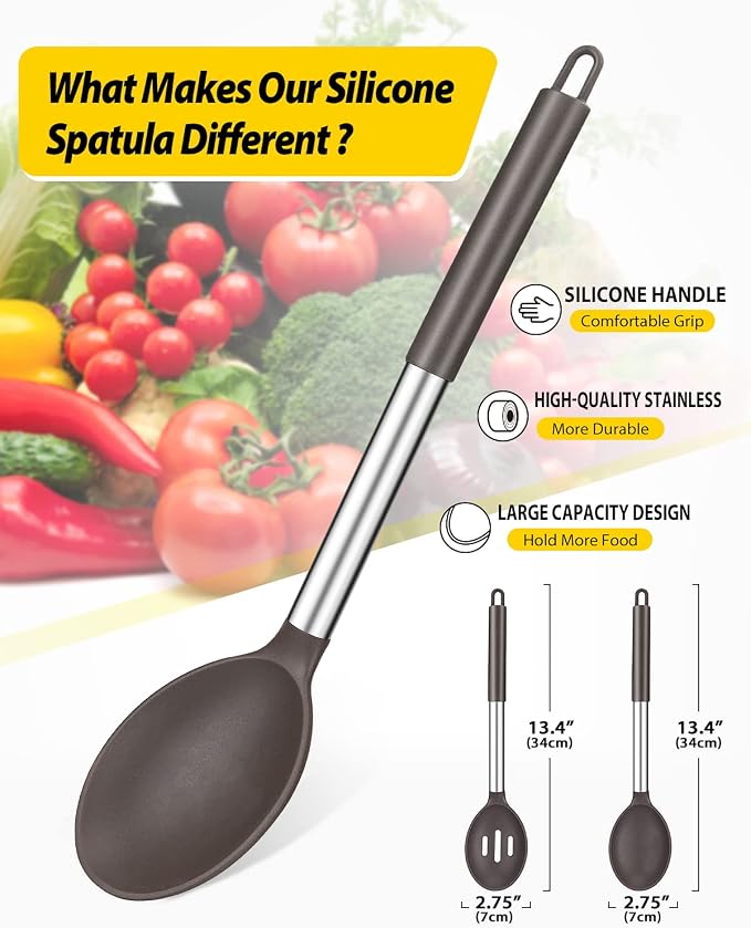 BUNDLEPRO Silicone Cooking Spoons for Non Stick Cookware, 2 Pack, Chocolate | Heat Resistant, Large Kitchen Spoons for Mixing, Serving, Draining, Stirring