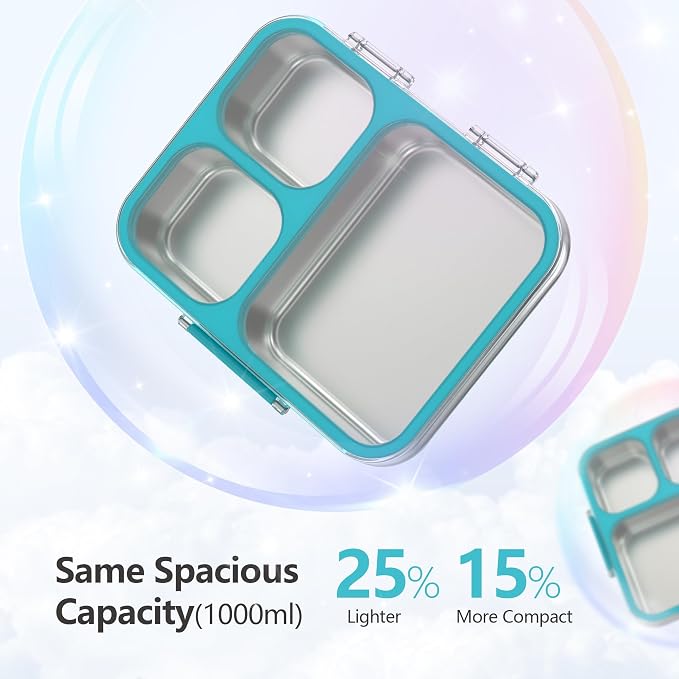 LOHASOK Stainless Steel Bento Lunch Box, 34oz/1000ml, Blue | 3-Compartment, Leak Proof, Lightweight, Clear Plastic Lid, for Kids Adults, BPA/BPS Free, Dishwasher Safe
