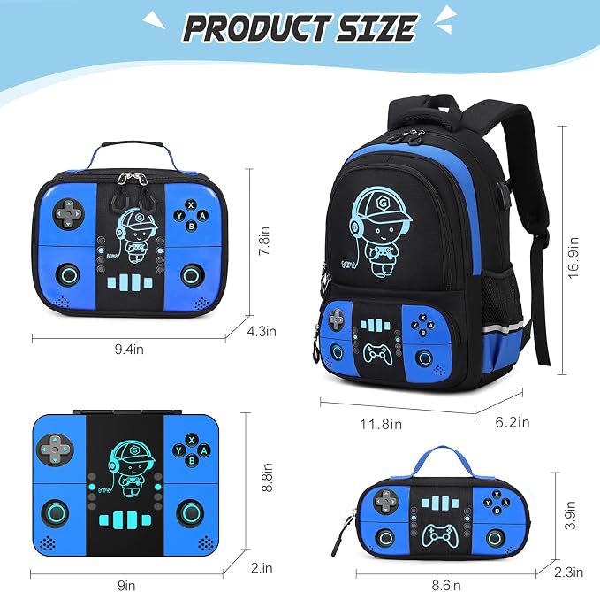 Backpack for School Boys, Cool Luminous Gamer Boys Schoolbag | with Lunch Box & Pencil Case Set for Kids Teens Elementary Middle School, Bookbag Glow In The Dark