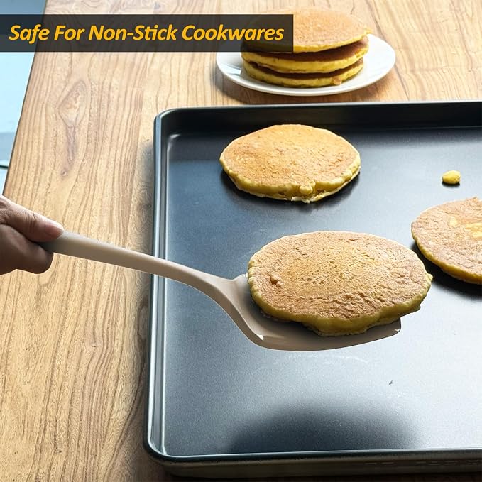 Silicone Pancake Spatula Turner with Lengthened Handle& Seamless Design, Heat Resistant Cooking Spatulas for Nonstick Cookware, Large Flexible Kitchen Utensils, Flipper for Egg, Pancake, Burger, Khaki